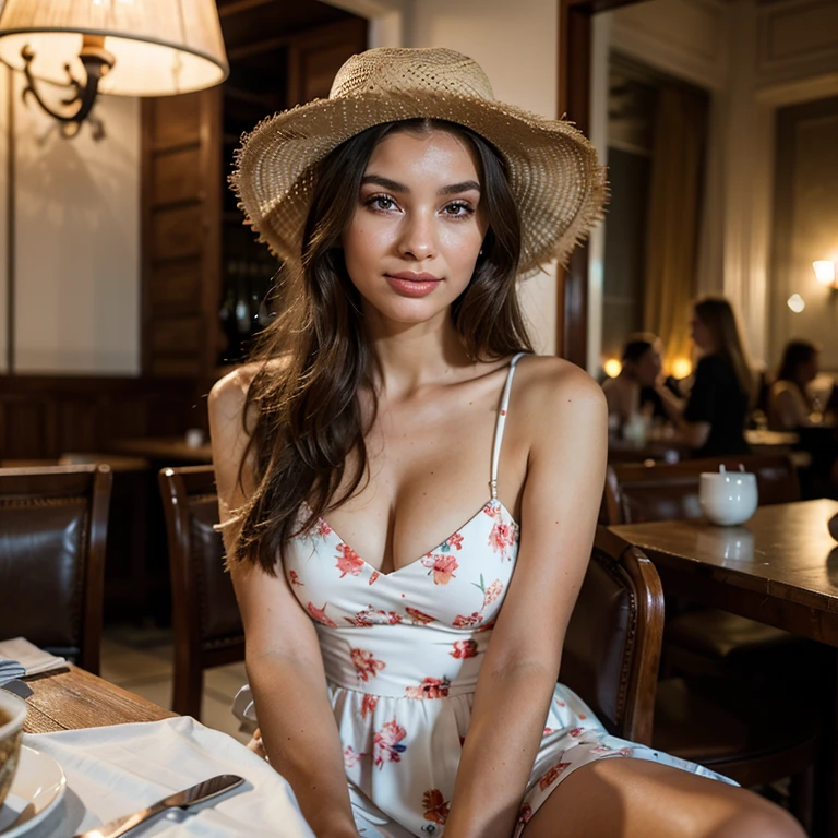 a young woman with a slender, healthy body, joyful expression and body confidence, wearing a long floral dress and a straw hat, sitting and eating a typical dish in a restaurant in Venice, Italy, beautiful detailed eyes, beautiful detailed lips, extremely detailed eye and face, long eyelashes, athletic physique, natural lighting, dynamic pose, clean background, swirly vibrant colors, cinematic lighting, (best qualityer,4K,8K,high resolution,work of art:1.2),ultra detali,(realisitic,photorealisitic,photo-realisitic:1.37),fashion clothes 2024,chic,dynamic,mighty