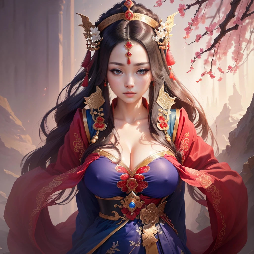 a painting of a woman in a red and blue dress, a beautiful fantasy empress, inspired by Lan Ying, chinese empress, queen of the sea mu yanling, ((a beautiful fantasy empress)), inspired by Ju Lian, ancient chinese princess, inspired by Li Mei-shu, ancient chinese goddess, inspired by Qiu Ying, inspired by Sim Sa-jeong, Highly detailed CG unit 8k wallpaper, masterpiece, High resolution, highest quality, highest quality real texture skin, Super Real, Digital Painting, Best image quality, 最High resolution, 8k, ((Highly detailed eyes and face, Beautiful eyes every detail)), profile, (Saggy breasts, Gravity-dependent breasts, long chest, Heavy chest,　disproportionate breasts, huge breasts, sagging breasts, gigantic breasts, erect nipple),