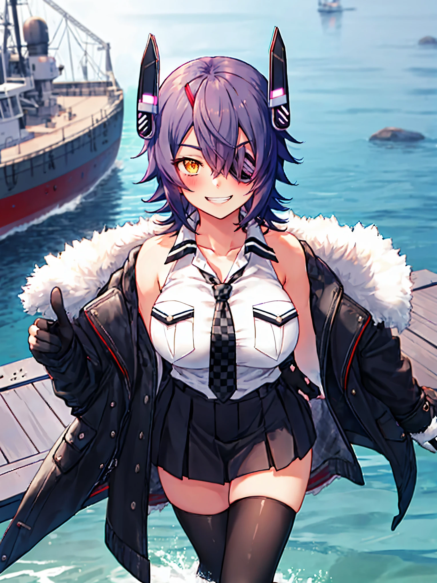 best quality, masterpiece, solo, {tenryuu_kantaicollection:1.15}, teen_girl, eyepatch, short_hair, purple_hair, yellow_eyes, headgear, breasts, necktie, large_breasts, smile, 1girl, blush, checkered_necktie, hair_over_one_eye, shirt, collared_shirt, white_shirt, jacket, sleeveless, brown_eyes, fur-trimmed_jacket, fur_trim, collarbone, looking_at_viewer, pocket, breast_pocket, grin, black_jacket, messy_hair, black_gloves, gloves, partially_fingerless_gloves,harbor_town_background,short_skirt,thigh-highs,boots,sea,sunlight,