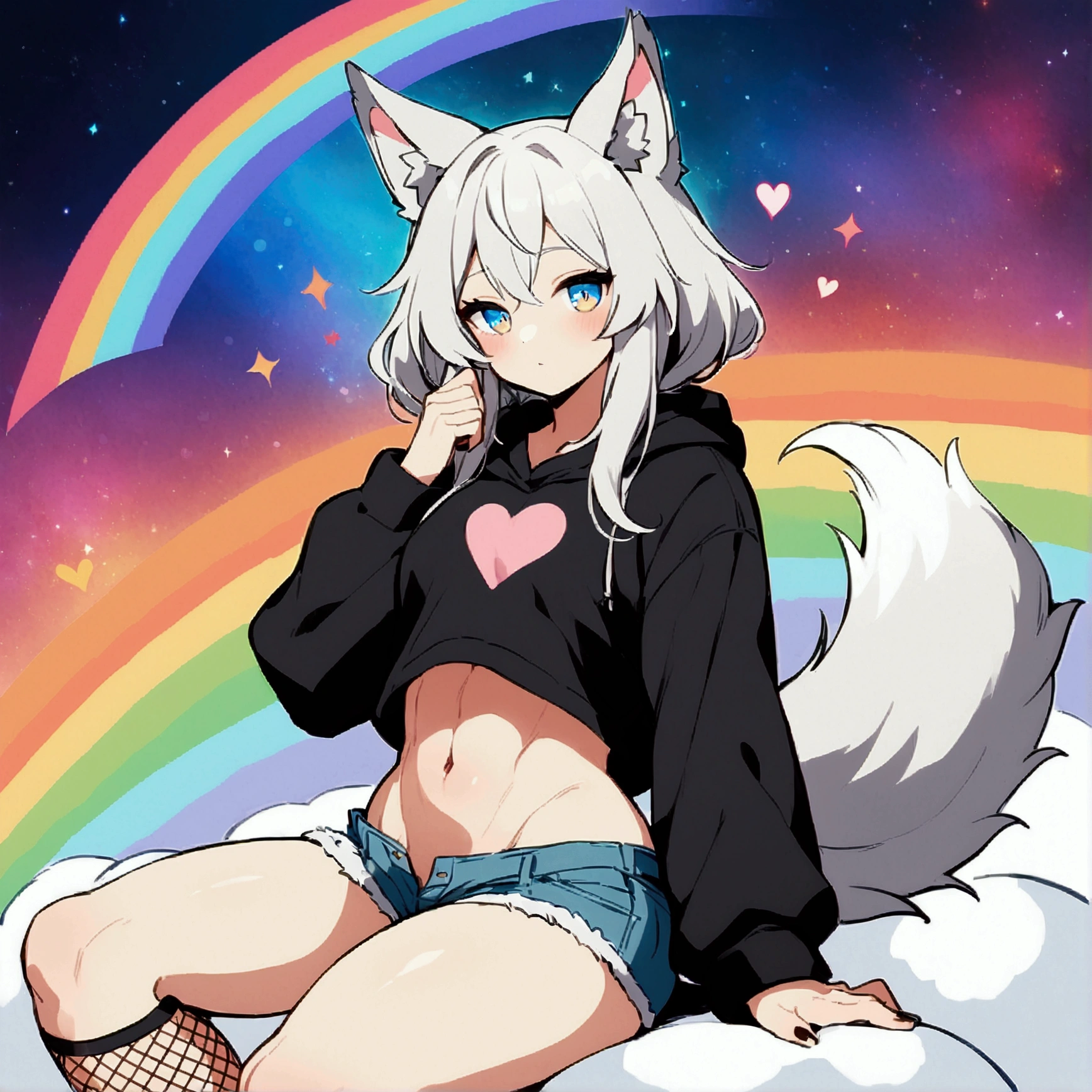 a cute adult male with wolf ears, long white hair, long locks, has a wolf tail, wearing a loose cropped black hoodie, wearing a pair of denim short shorts and fishnet stockings, thick thighs, wide hips, relaxing on mound of fluffy multi colored kawaii plushies, short, very slim, showing slender tummy, heart on hoodie, squishy thighs, has glowing blue eyes. alone, solo (ALONE)(SOLO), surrounded by rainbows, colorful galaxy backround,