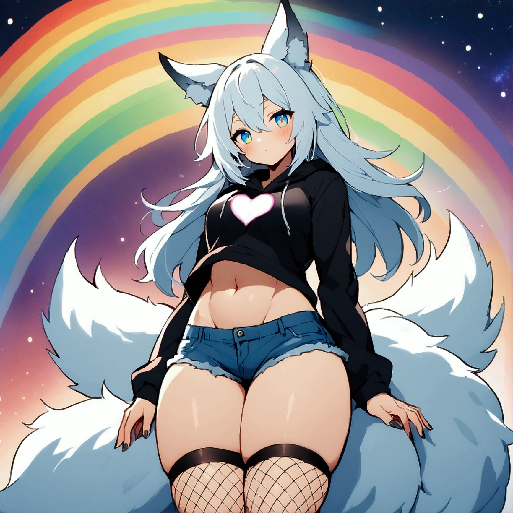 a cute adult male with wolf ears, long white hair, long locks, has a wolf tail, wearing a loose cropped black hoodie, wearing a pair of denim short shorts and fishnet stockings, thick thighs, wide hips, relaxing on mound of fluffy multi colored kawaii plushies, short, very slim, showing slender tummy, heart on hoodie, squishy thighs, has glowing blue eyes. alone, solo (ALONE)(SOLO), surrounded by rainbows, colorful galaxy backround,