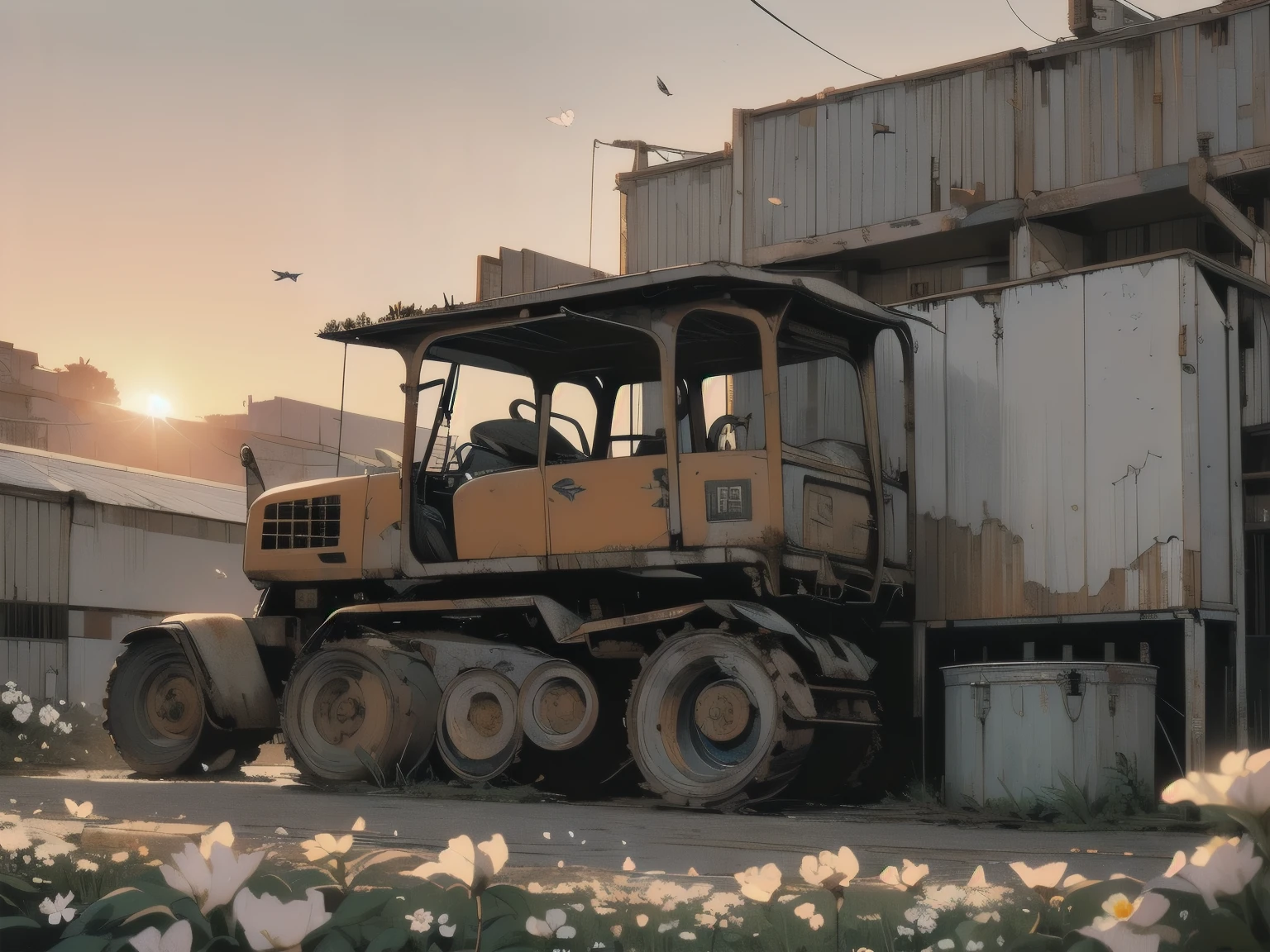 Detailed Machinery、Abandoned Factory、Atrium、(((White Flower Field)))、(((Rusty heavy equipment)))、Gorgeous light leaks、(((Sunset)))、fog、Detailed Background、Highest quality、(((No humans)))、Broken heavy machinery、Complex heavy machinery、Faint lighting、(((Fluttering white petals)))、sunset、(((Dull colors)))、(((Rusty detailed heavy machinery)))、(((Many white flowers fly)))、(((Heavy machinery covered in flowers)))、(((Lots of butterflies)))、(((Abandoned Garage)))