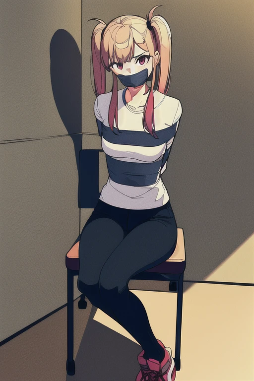 ((1 girl)), ((twin tails)), (arms behind back:1.4), ((simple_background)), ((concrete floor, concrete wall)), ((dark empty room)), tied hands, tied ankles, ((arms behind back)), ((((arms behind back)))), ((sitting on a chair)), ((mouth close)), ((mouth gagged)), ((tape gag)), bdsm, tape gag, ((helpless)), (tights pants, long black pants)