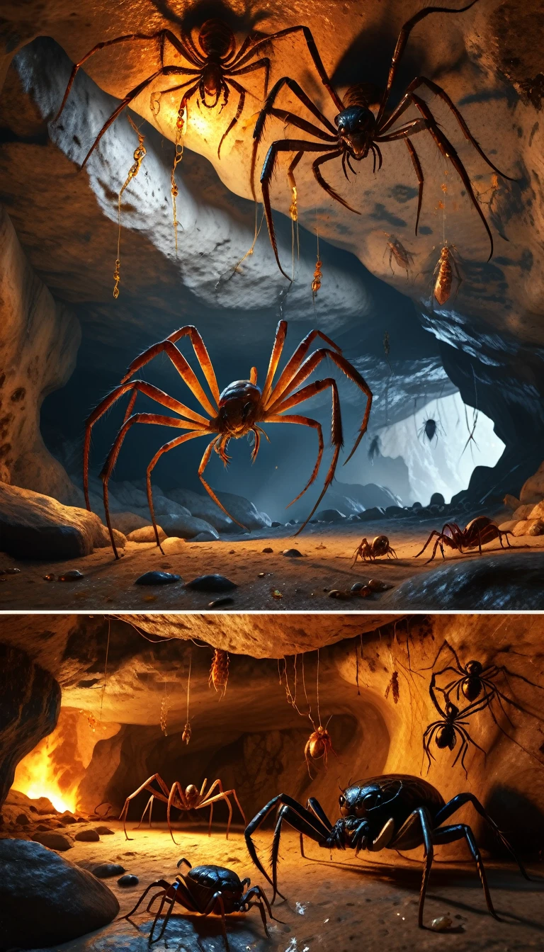 Aliens, eating scorpions in a fiery cave, cave drawings on the cave walls, spiders hanging from the ceiling, Hyperrealism, cinematic lighting, UHD, accurate, anatomically correct, super detail, high details, high quality, 8k, award winning, Dramatic