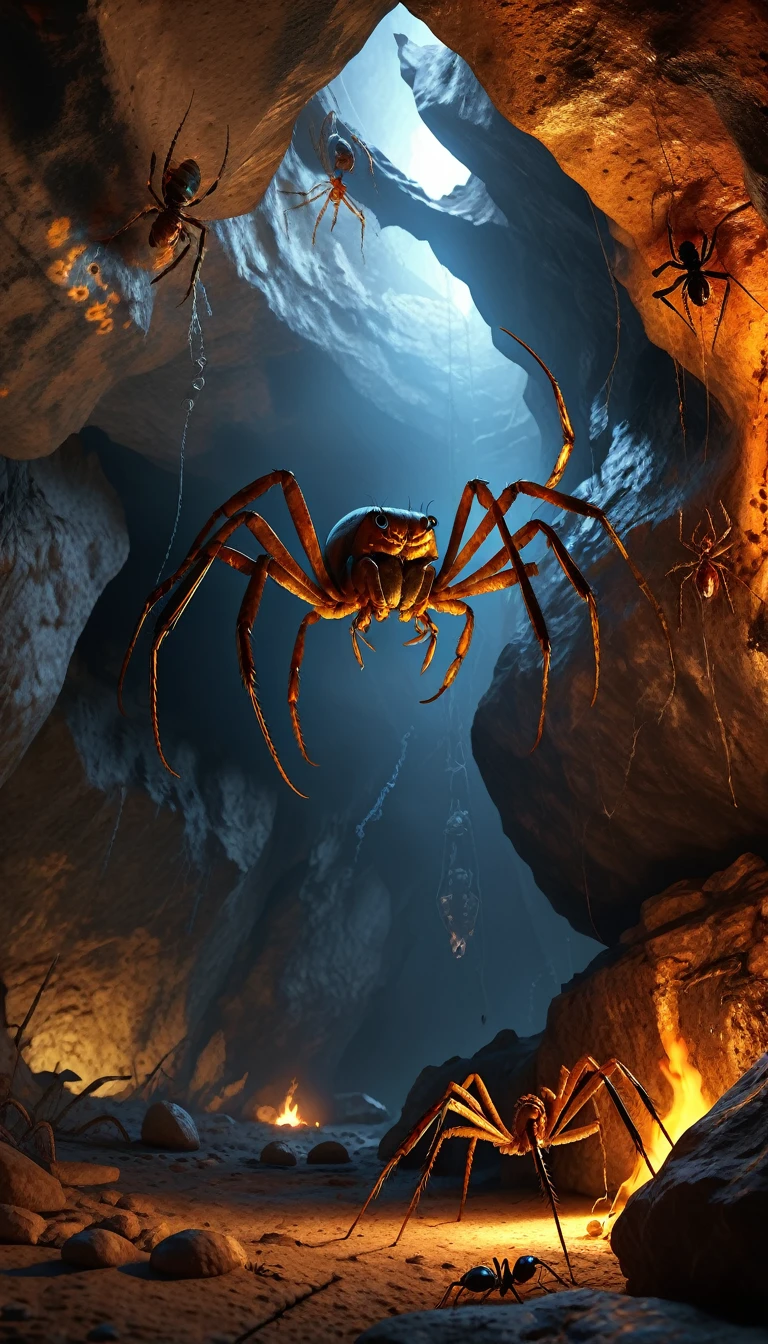 Aliens, eating scorpions in a fiery cave, cave drawings on the cave walls, spiders hanging from the ceiling, Hyperrealism, cinematic lighting, UHD, accurate, anatomically correct, super detail, high details, high quality, 8k, award winning, Dramatic