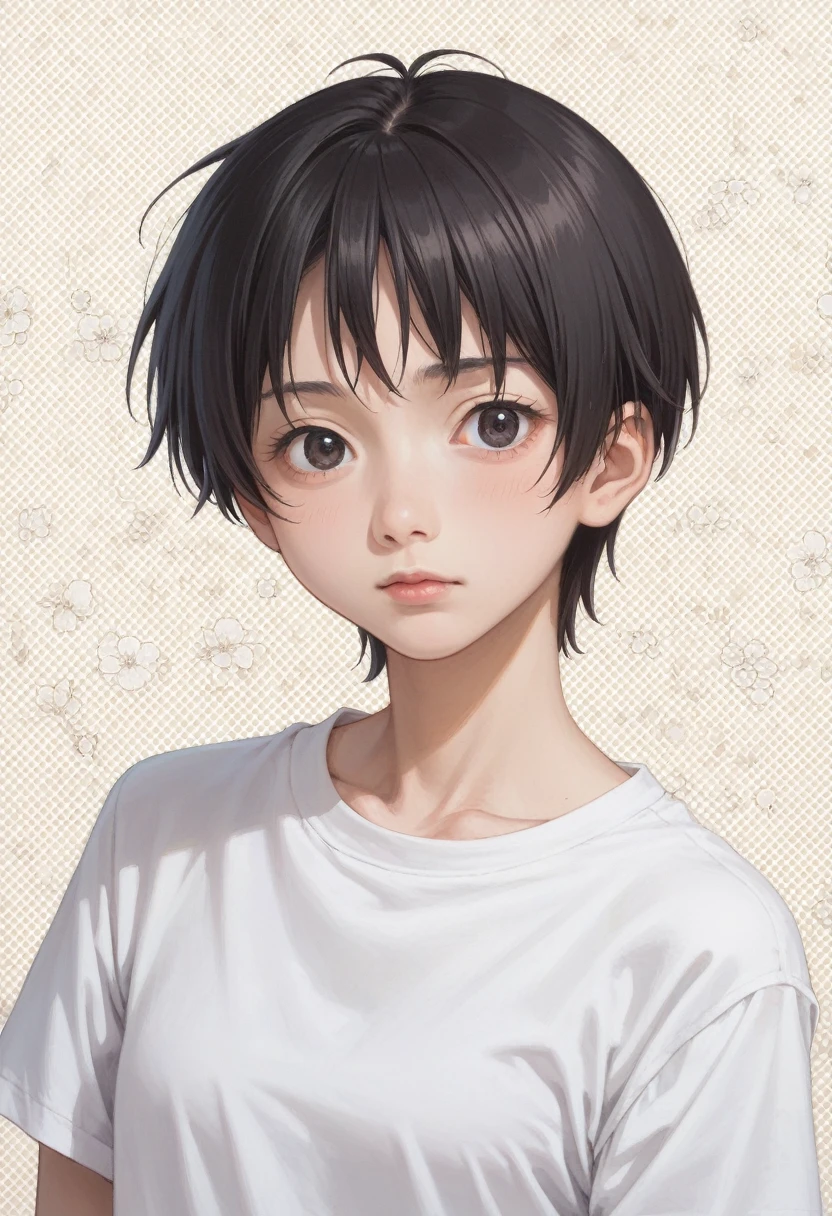 anime girl with black hair and white shirt with geometric background, anime portrait of shiina ringo, style of junji ito, in an anime style, anime visual of a young woman, anime style portrait, in the art style of 8 0 s anime, in anime style, iwakura lain, inspired by Rei Kamoi, inspired by Takehisa Yumeji