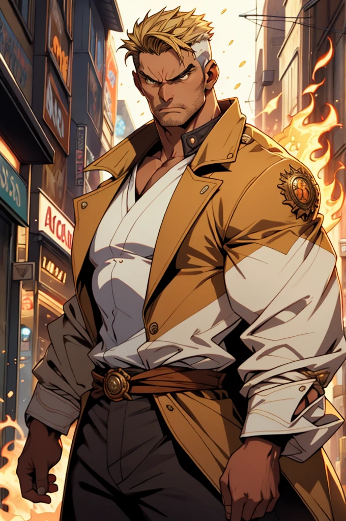 A man with short golden hair, middle-parted bangs, a hexagonal metal forehead protector, round glaring eyes filled with anger, a furious expression, chiseled facial features, a muscular build, an orange fantasy martial arts-style coat with flame-shaped decorations on the collar, a luxurious red and white undershirt, matching trousers, the backdrop of a fantasy-style city street, this character embodies a finely crafted fantasy martial arts-style warrior in anime style, exquisite and mature manga art style, dramatic, high definition, best quality, highres, ultra-detailed, ultra-fine painting, extremely delicate, professional, perfect body proportions, golden ratio, anatomically correct, symmetrical face, extremely detailed eyes and face, high quality eyes, creativity, RAW photo, UHD, 32k, Natural light, cinematic lighting, masterpiece-anatomy-perfect, masterpiece:1.5