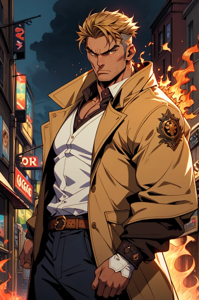 A man with short golden hair, middle-parted bangs, a hexagonal metal forehead protector, round glaring eyes filled with anger, a furious expression, chiseled facial features, a muscular build, an orange fantasy martial arts-style coat with flame-shaped decorations on the collar, a luxurious red and white undershirt, matching trousers, the backdrop of a fantasy-style city street, this character embodies a finely crafted fantasy martial arts-style warrior in anime style, exquisite and mature manga art style, dramatic, high definition, best quality, highres, ultra-detailed, ultra-fine painting, extremely delicate, professional, perfect body proportions, golden ratio, anatomically correct, symmetrical face, extremely detailed eyes and face, high quality eyes, creativity, RAW photo, UHD, 32k, Natural light, cinematic lighting, masterpiece-anatomy-perfect, masterpiece:1.5