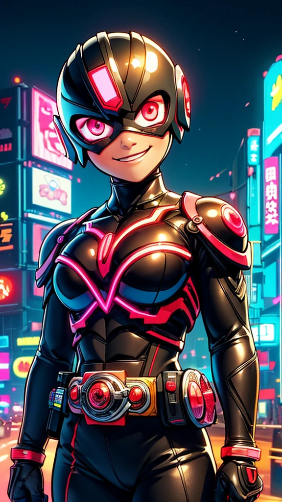 (8k),(masterpiece),(Japanese),(8--old l),((innocent look)),((Childish)),From the front,smile,cute,Innocent,Kind eyes,Flat chest,black helmet, brown domino mask,moana, bald,no Hair,Strong wind,night,dark, Neon light cyberpunk city,Kamen_Rider,camisa