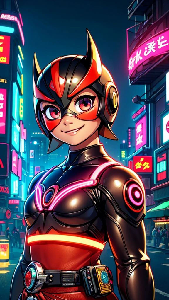 (8k),(masterpiece),(Japanese),(***************),((innocent look)),((Childish)),From the front,smile,cute,Innocent,Kind eyes,Flat chest,black helmet, brown domino mask,moana, bald,no Hair,Strong wind,night,dark, Neon light cyberpunk city,Kamen_Rider,camisa