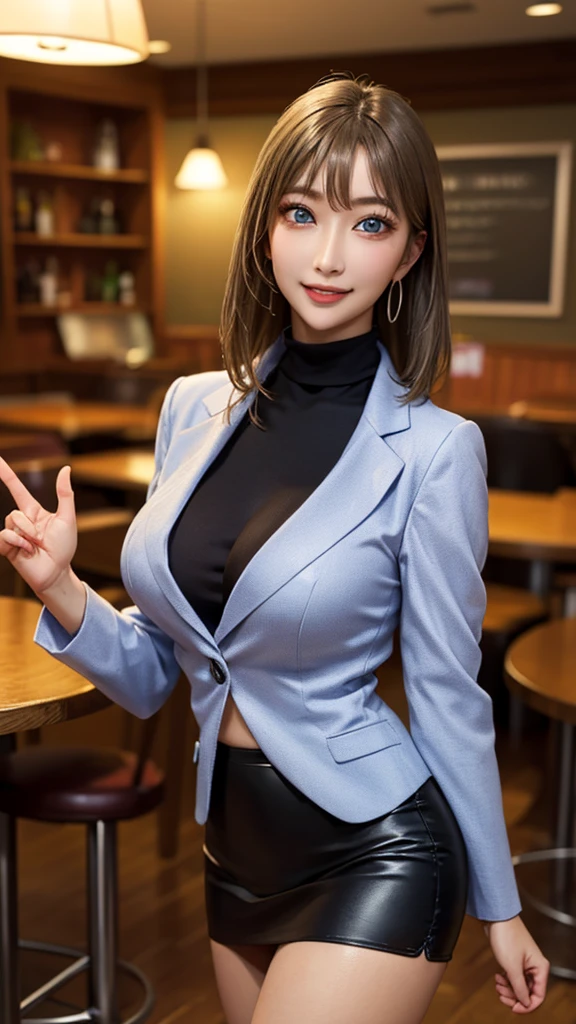(masterpiece:1.2, Highest quality), (Realistic, photoRealistic:1.4), Beautiful illustrations, (Natural Side Lighting, Cinema Lighting), Browsing Caution,
View your viewers, 1 girl, office lady, Perfect Face, Cute and symmetrical face, Glowing Skin,
blue eyes, thin垂れ目:1.5, Big eyes:1.5, Long eyelashes, (Medium chest, thin太もも), thin, Large Breasts、
Beautiful detailed hair, Beautifully detailed face, Beautiful attention to detail, Beautiful clavicle, Beautiful body, Beautiful breasts, Beautiful thighs, Beautiful feet, Beautiful fingers,
Detailed cloth texture, (Yellow turtleneck), Black Business Suit Jacket, Black tight skirt, High heels,
(Beautiful views), night, (Inside the pub), Are standing, (Cute smile, Upward glance, Ecstatic Face、Lips parted),