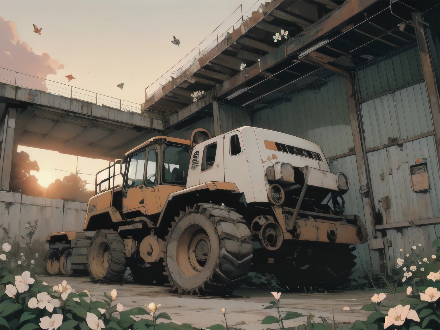 Detailed Machinery、Abandoned Factory、Atrium、(((White Flower Field)))、(((Rusty heavy equipment)))、Gorgeous light leaks、(((Sunset)))、fog、Detailed Background、Highest quality、(((No humans)))、Broken heavy machinery、Complex heavy machinery、Faint lighting、(((Fluttering white petals)))、sunset、(((Dull colors)))、(((Rusty detailed heavy machinery)))、(((Many white flowers fly)))、(((Heavy machinery covered in flowers)))、(((Lots of butterflies)))、(((Abandoned Garage)))