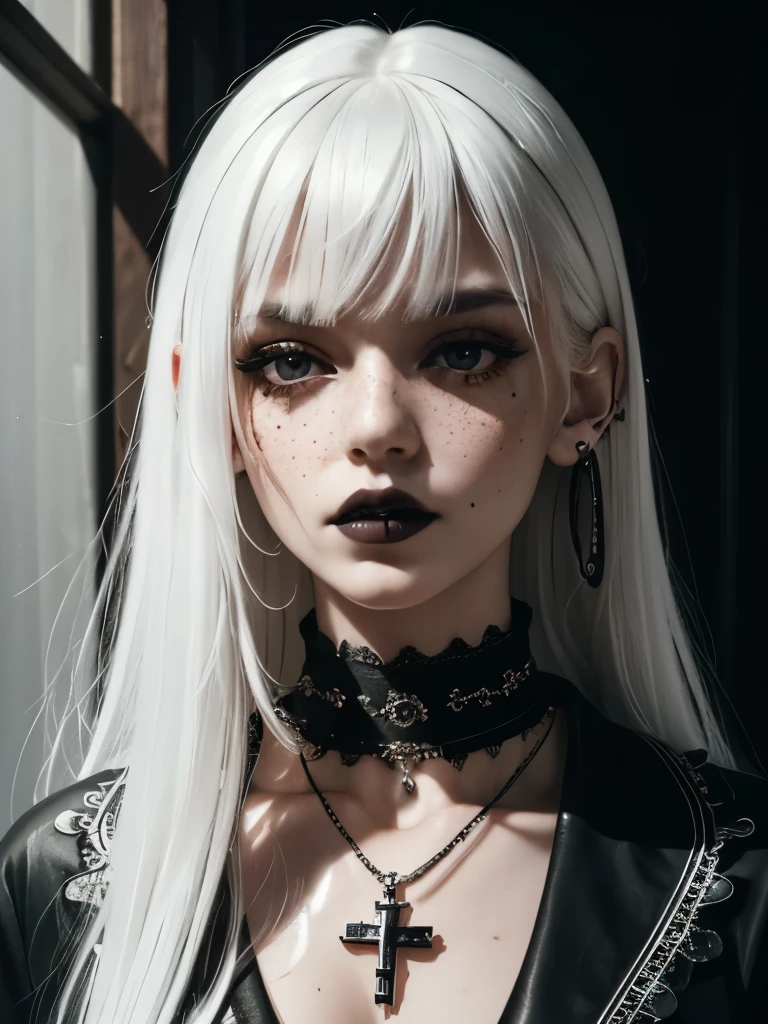 ((masterpiece)), ((best quality)), (detailed), perfect, 1girl, goth, white hair, slant bangs, long hair, white hair, cross necklace, black shirt, ear piercing, indoors, freckles, portrait, close up, looking at viewer, black lips, black lipstick