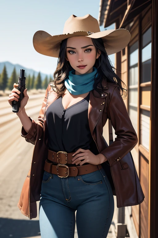 Highest quality High resolution Western Wilderness Cute girl in gunfighter clothes Ten-gallon hat Revolver pistols jeans gun belt A scarf is wrapped around the neck The background is the wilderness:1.8