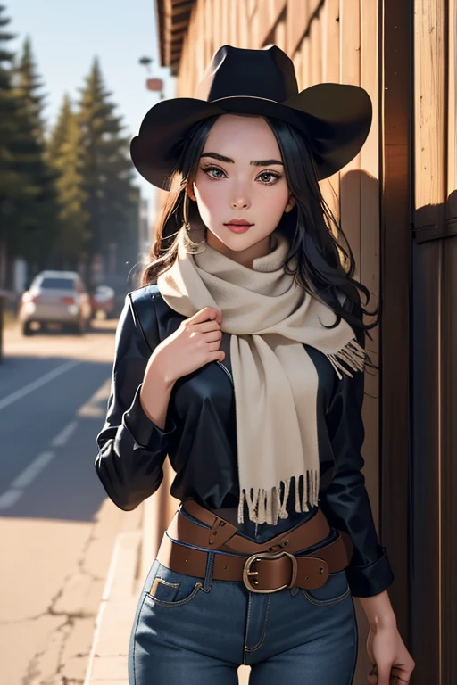 Highest quality　High resolution　Western Wilderness　Cute girl in gunfighter clothes　Ten-gallon hat　Revolver pistols　jeans　gun belt　A scarf is wrapped around the neck　The background is the wilderness:1.8