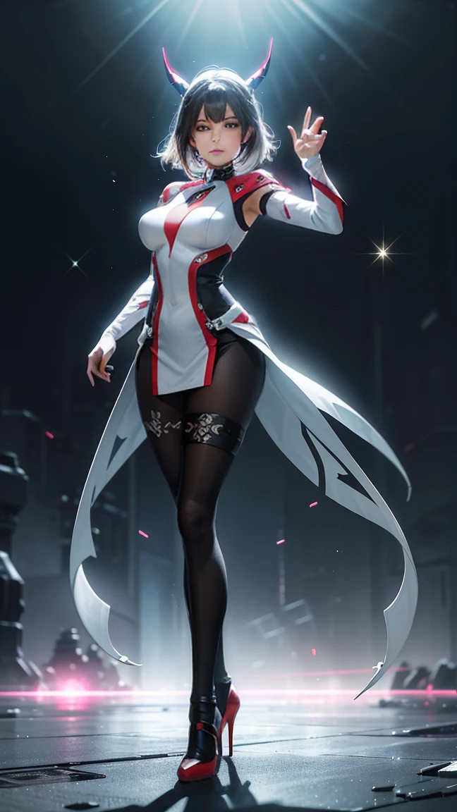 ((Full body photo, standing, feet on the ground))(full body:1.5)，(1girl:1.3),(looking at viewer:1.4)，(anatomy correct:1.45),(Wearing Printed Fantasy Ultraman tight and pointed high heels ，and Very thick Printed Pantyhose :1.35), (Light particle effect:1.3),(In pink | amarelo | blue colors| green color |red colors | white colors| black in color| purpleish color| greys| Beige| Flesh color 1.4)，(Glowing eyes:1.3),(Large amplitude action: 1.3)，(Accurate and perfect face:1.4),hyper HD, Ray traching, reflective light，structurally correct, Award-Awarded, high detal, lightand shade contrast, Face lighting，cinmatic lighting, tmasterpiece, super detailing, high high quality, high detal, best qualityer, 16k，high contrast,