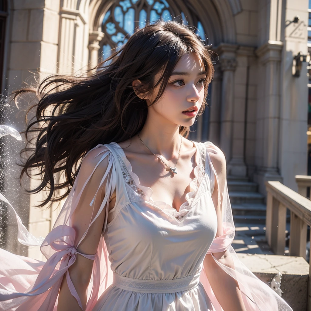 Handsome, black hair, brown eyes, pink and white, vivid colors, white dress, paint splash, church background, ray tracing, wavy hair, name necklace Hanz