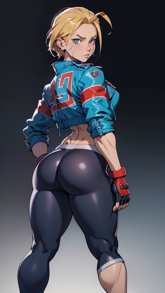 cammy sf6, black sports well, choker, 1 girl, standing alone, clothes open, black pants, looking ahead at viewer, へそ, abdomen, White background, blue colored eyes, scar on the face, red gloves, scar on cheek, muscular, antenna hair, hand on hip, black choker, open jacket, cropped jacket, thicc thighs grossas, hair blonde, gloves fingerless, sports well, shorth hair, thicc thighs,  muscular female, tummy, Blue jacket, (((standing backwards))), big-ass, focus on the ass