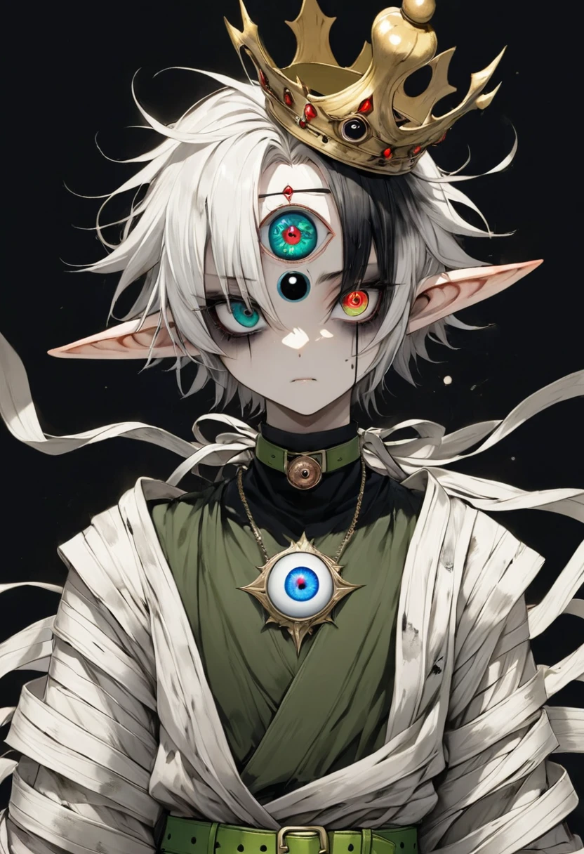 Japanese Anime，Second Dimension，Horror style，horror character，(((Three-eyed boy，独奏，third eye on the forehead，Dark eyeshadow，White short hair，Elf ears，Exaggerated golden crown-eyeball decoration))),(((Wrapped in bandages))).(((Thin waist，Green belt：1.6))).(style of santiago caruso,Tattoo on the neck)，Ink smudged black background blur
