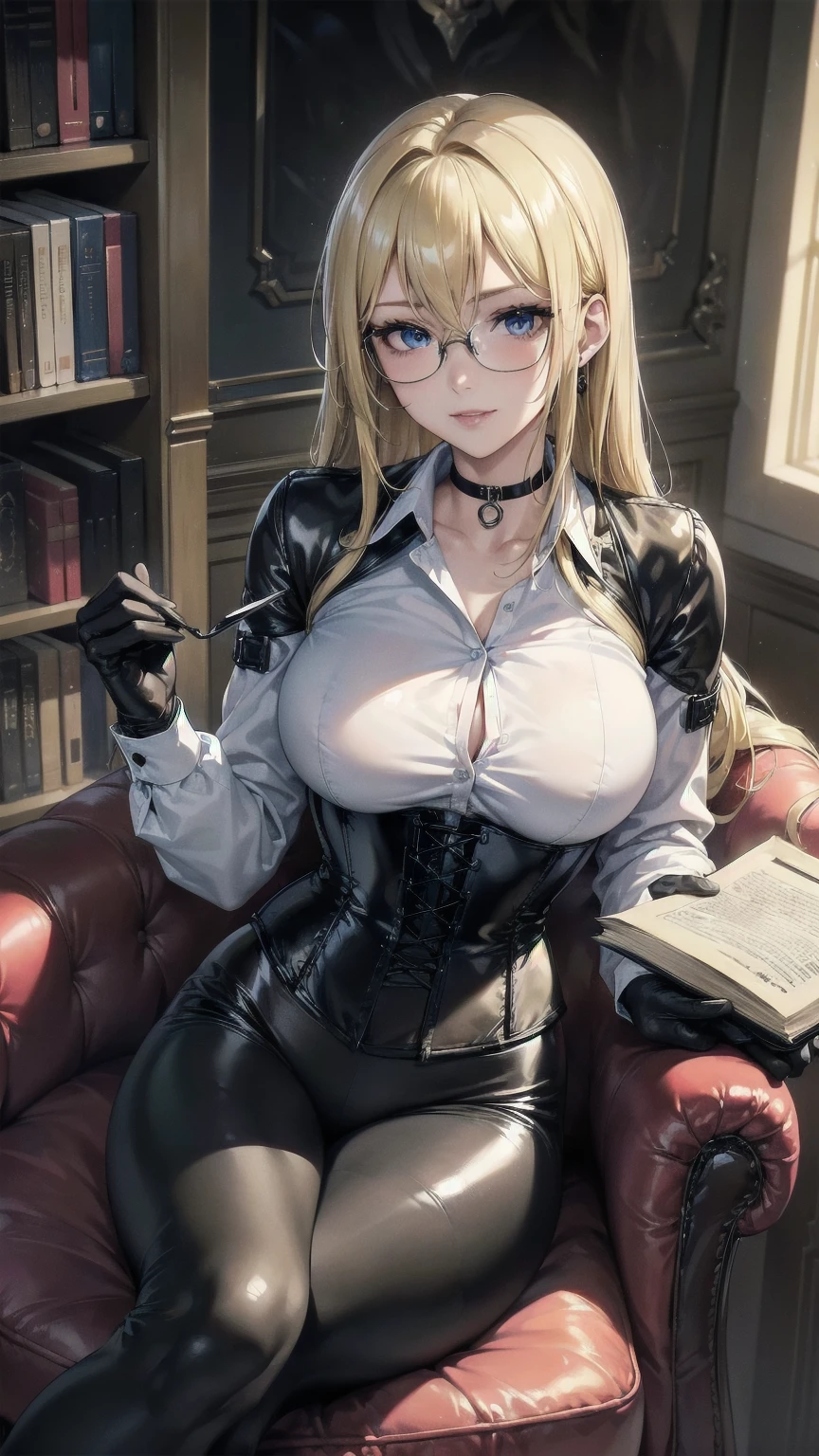 Masterpiece, Superior image quality, high resolution, 4k image,photo and gross, photorealistic, whole body,  1 young blonde of 15 years, sitting on a chair, {{{vagina}}}, big breasts, beautiful face, Long blonde hair, blue eyes, very detailed eyes,  seductive expression, draw smile, glasses, choker:1.6, (white collar button down long sleeve shirt), black gloves, gloves that cover hands, (holds a book with his right hand), (black leather corset), (shiny black leggings), Sensual Lips, show details in the eyes, View from above, looking at the viewer, sitting in a library, at daytime