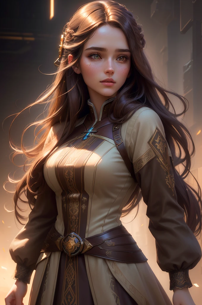 a beautiful young woman with long brown hair, modern everyday dress, fantasy character, masterfully detailed face, cinematic lighting, highly detailed, hyper realistic, octane render, muted color palette, dramatic chiaroscuro lighting