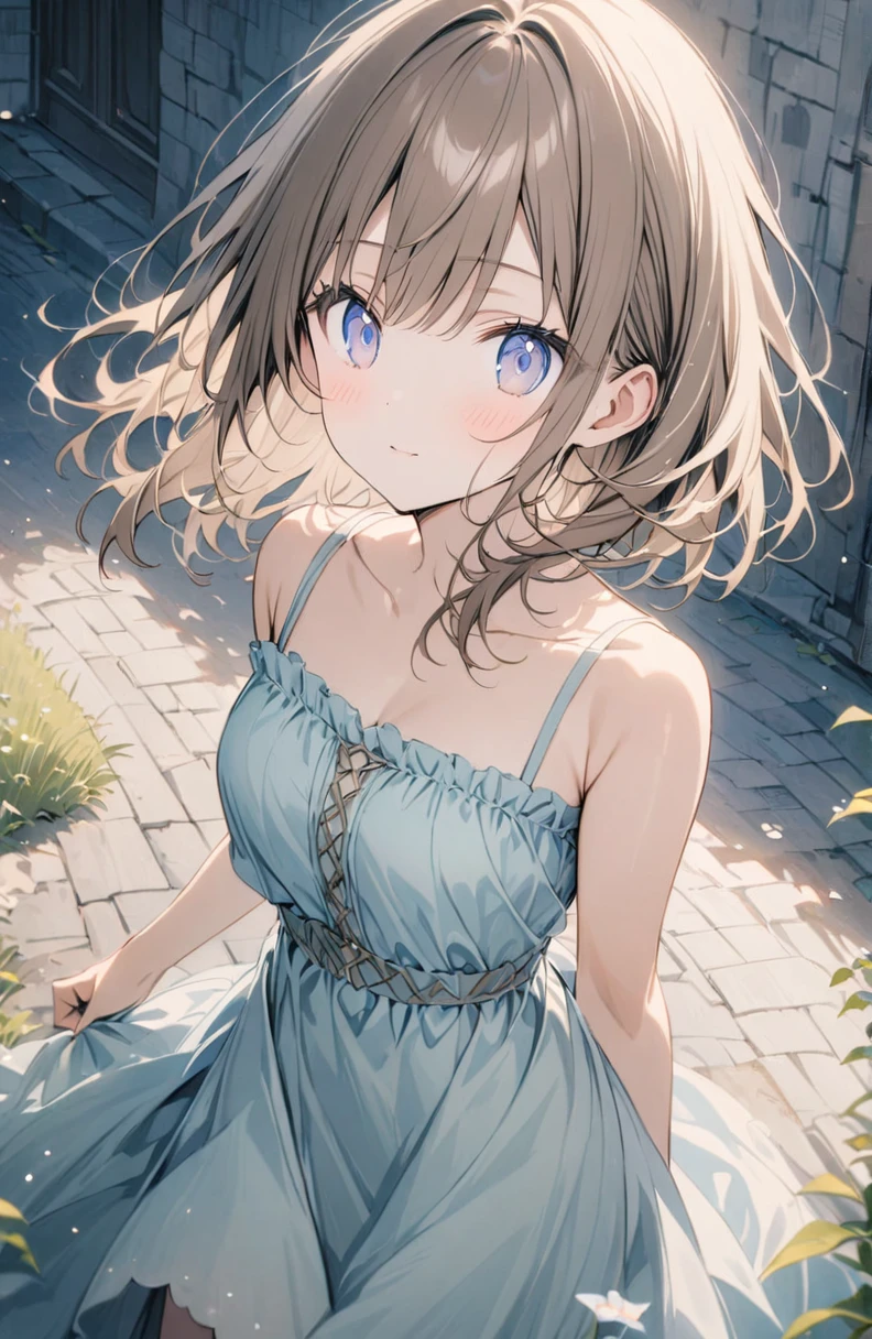 ((pale colour)),35mm, debt/1.2, super High resolution, Attention to detail, Highest quality, High resolution, masterpiece、masterpiece, Highest quality, Super detailed, so beautiful, One girl、another world、(naked)、帽子をかぶったnakedの女の子、cute、another world outfit、Grass grows on both sides of the cobblestones_There is a brick building behind1item,anime、pale colour、close、Brown Hair、Shortcuts
