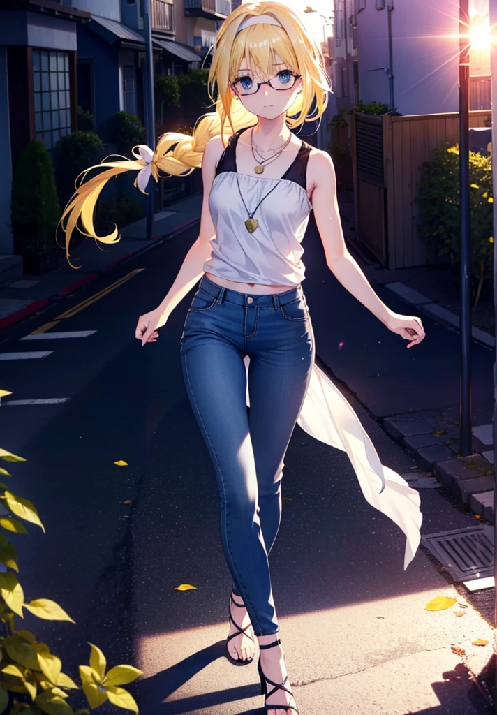 Alicesburg, Alice Zuberg, bangs, blue eyes, Blonde, Hair between the eyes, Very long braid, hair band, white hair band,Black-rimmed glasses,Yellow Tank Top,Locket Necklace,skinny pants,Stiletto heels,Walking,morning,morning陽,The sun is rising,whole bodyがイラストに入るように,smile,blush,
break outside, Residential Street,
break looking at viewer, whole body,
break (masterpiece:1.2), Highest quality, High resolution, unity 8k wallpaper, (figure:0.8), (Beautiful attention to detail:1.6), Highly detailed face, Perfect lighting, Highly detailed CG, (Perfect hands, Perfect Anatomy),