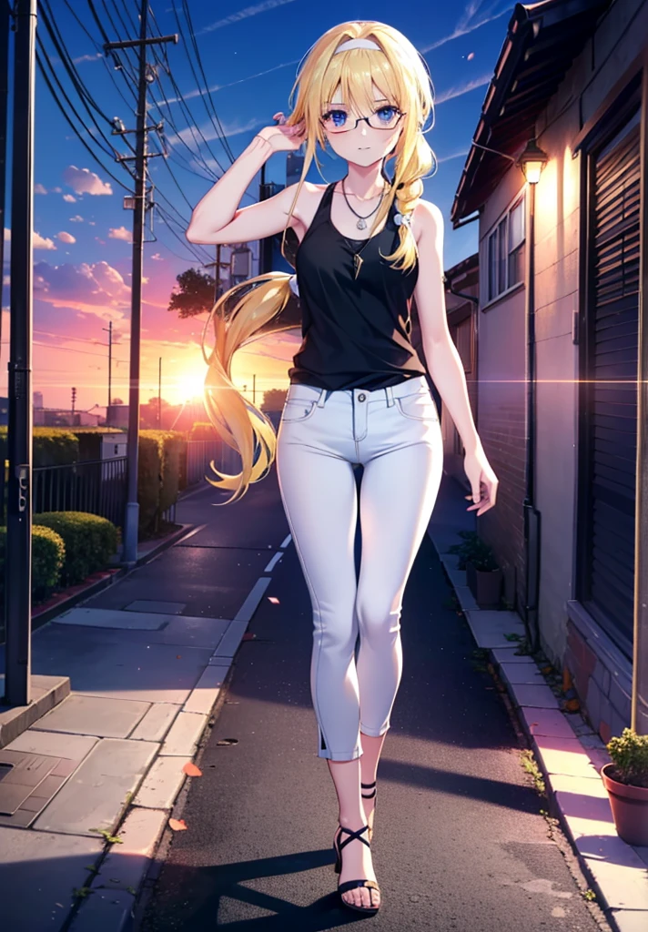 Alicesburg, Alice Zuberg, bangs, blue eyes, Blonde, Hair between the eyes, Very long braid, hair band, white hair band,Black-rimmed glasses,Yellow Tank Top,Locket Necklace,skinny pants,Stiletto heels,Walking,morning,morning陽,The sun is rising,whole bodyがイラストに入るように,smile,blush,
break outside, Residential Street,
break looking at viewer, whole body,
break (masterpiece:1.2), Highest quality, High resolution, unity 8k wallpaper, (figure:0.8), (Beautiful attention to detail:1.6), Highly detailed face, Perfect lighting, Highly detailed CG, (Perfect hands, Perfect Anatomy),