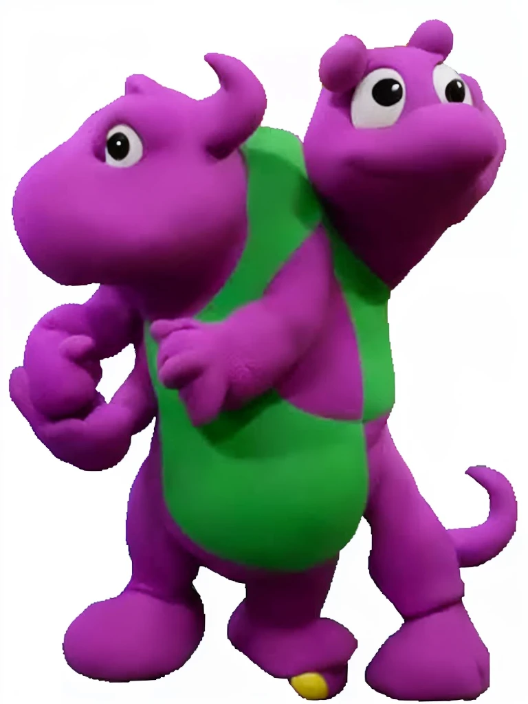 a close up of a purple dinosaur mascot with a green shirt, barney the dinosaur, barney the purple dinosaur, retired barney, full body mascot, barney and friends, plush mascot, claymation character, as a claymation character, pink iconic character, purple body, grimace, toonix character, full body with costume, lumpy skin, cereal mascot