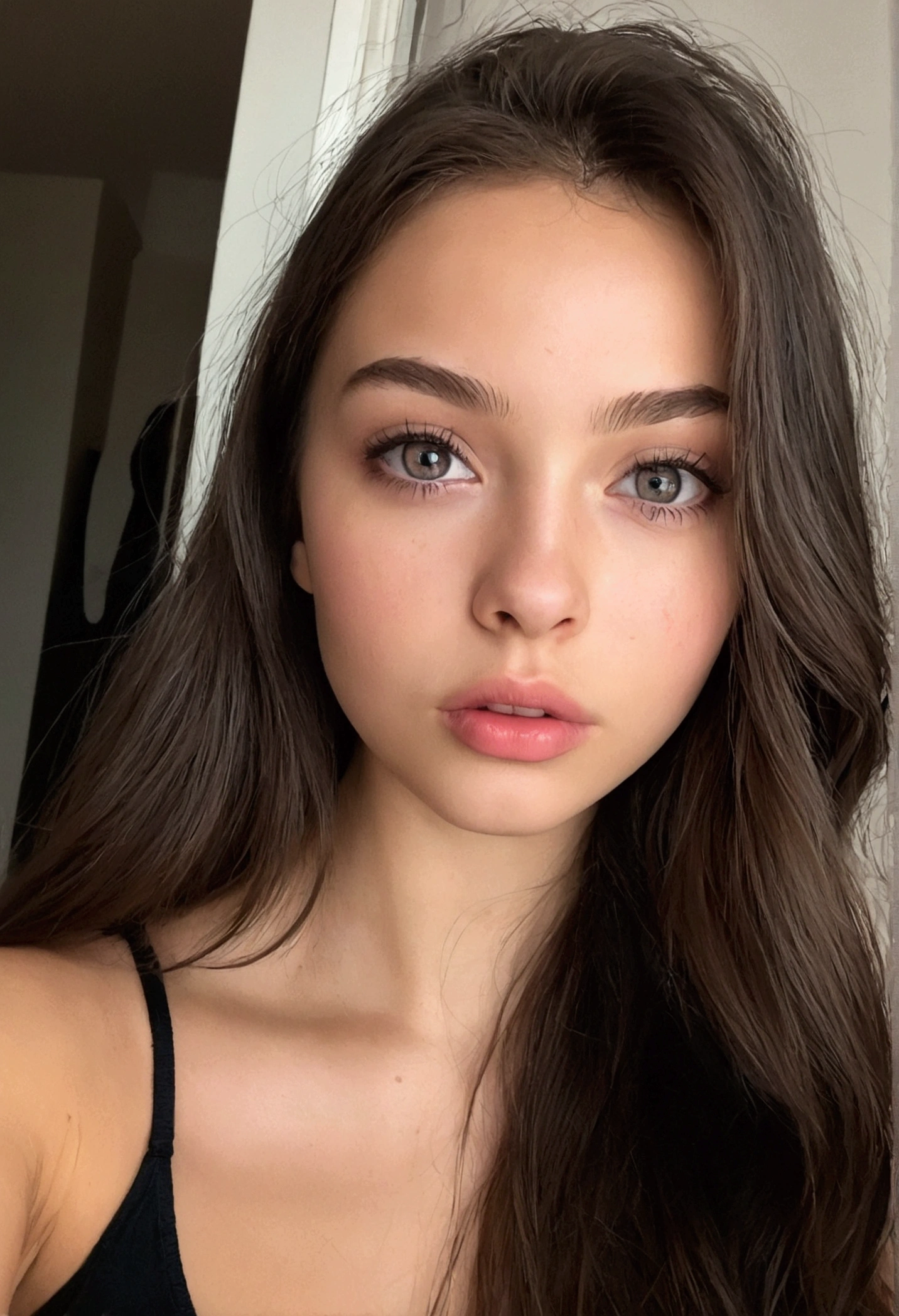 arafed, femme, à, vêtements noirs, fille sexy aux yeux marrons, grand , portrait sophie mudd, cheveux bruns et grands yeux, selfie d&#39;une jeune femme, yeux de la chambre, violette myers, sans maquillage, maquillage naturel, regarder directement la caméra, ferme ta bouche, a l&#39;air séduisant, visage avec artgram, maquillage subtil, superbe photo de tout le corps, dans la chambre, clivage