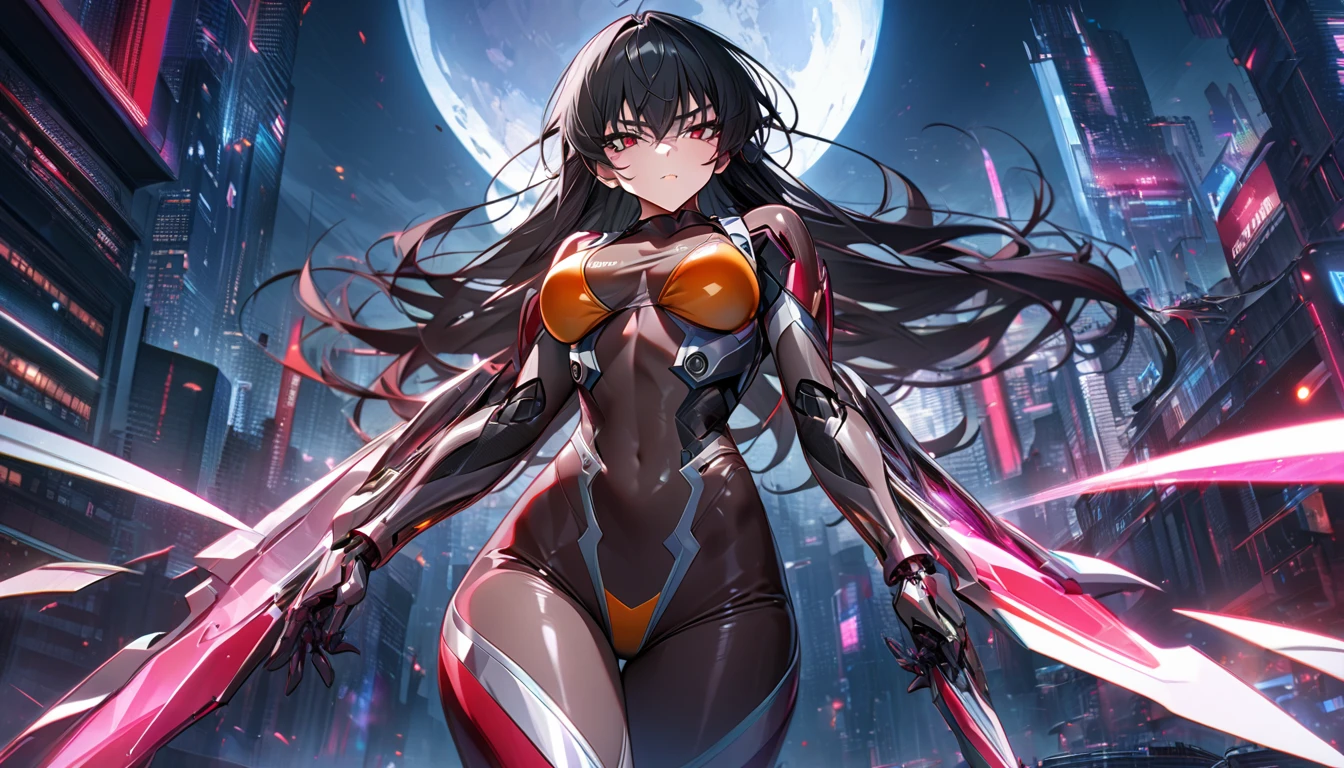 Adult girl, long black hair, red eyes, cyborg, very tight transparent batllesuit, cyber blades on hands, transparent elements, Masterpiece, best quality, Full HD, 8k, ultra details, great graphic, asagi igawa, taimanin suit, bodystocking, futuristic city, night, moon,