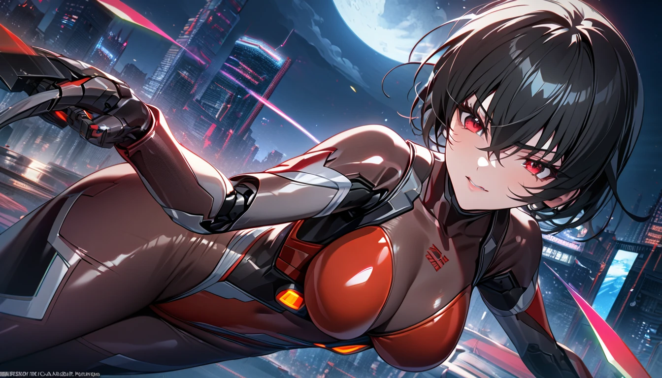 Adult girl, long black hair, red eyes, cyborg, very tight transparent batllesuit, cyber blades on hands, transparent elements, Masterpiece, best quality, Full HD, 8k, ultra details, great graphic, asagi igawa, taimanin suit, bodystocking, futuristic city, night, moon,