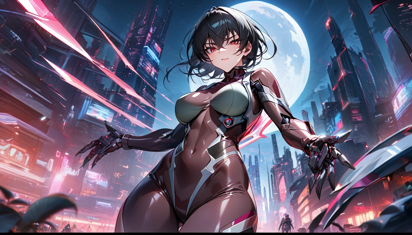 Adult girl, long black hair, red eyes, cyborg, very tight transparent batllesuit, cyber blades on hands, transparent elements, Masterpiece, best quality, Full HD, 8k, ultra details, great graphic, asagi igawa, taimanin suit, bodystocking, futuristic city, night, moon,