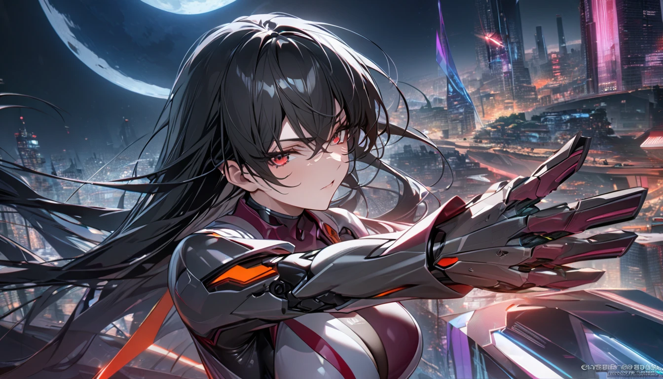 Adult girl, long black hair, red eyes, cyborg, very tight transparent batllesuit, cyber blades on hands, transparent elements, Masterpiece, best quality, Full HD, 8k, ultra details, great graphic, asagi igawa, taimanin suit, bodystocking, futuristic city, night, moon,