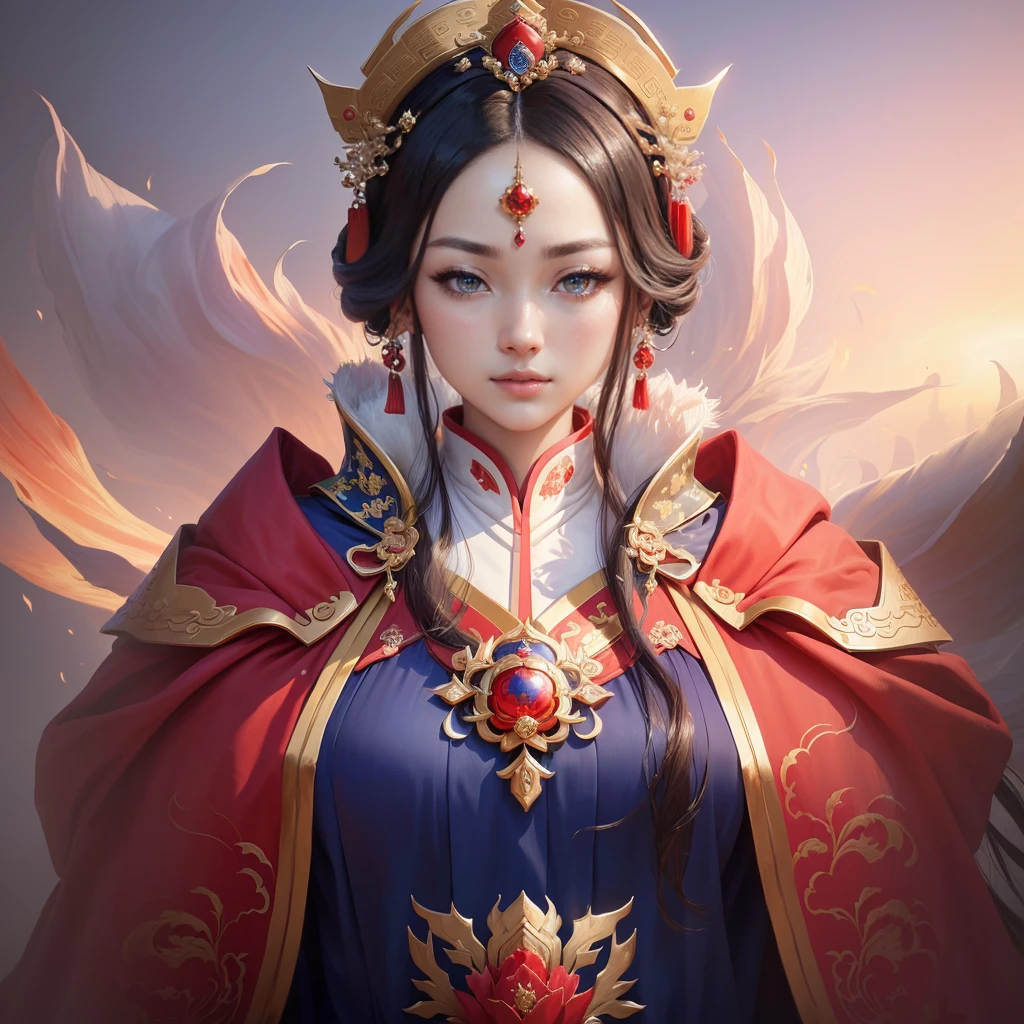 a painting of a woman in a red and blue dress, a beautiful fantasy empress, inspired by Lan Ying, chinese empress, queen of the sea mu yanling, ((a beautiful fantasy empress)), inspired by Ju Lian, ancient chinese princess, inspired by Li Mei-shu, ancient chinese goddess, inspired by Qiu Ying, inspired by Sim Sa-jeong, Highly detailed CG unit 8k wallpaper, masterpiece, High resolution, highest quality, highest quality real texture skin, Super Real, Digital Painting, Best image quality, 最High resolution, 8k, ((Highly detailed eyes and face, Beautiful eyes every detail)),