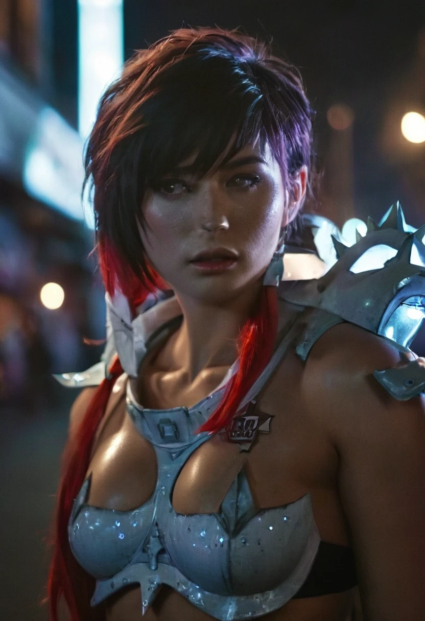 (realistic analog style sharp focus 8k raw photo with soft lighting and high quality:1.1), (hdr film grain:1.2),movie poster, a cute woman wearing a shiny (textured:1.2) (intricate:1.2) cyborgcosplay in a dark street at night, (cinematic hairstyle:1.2)
