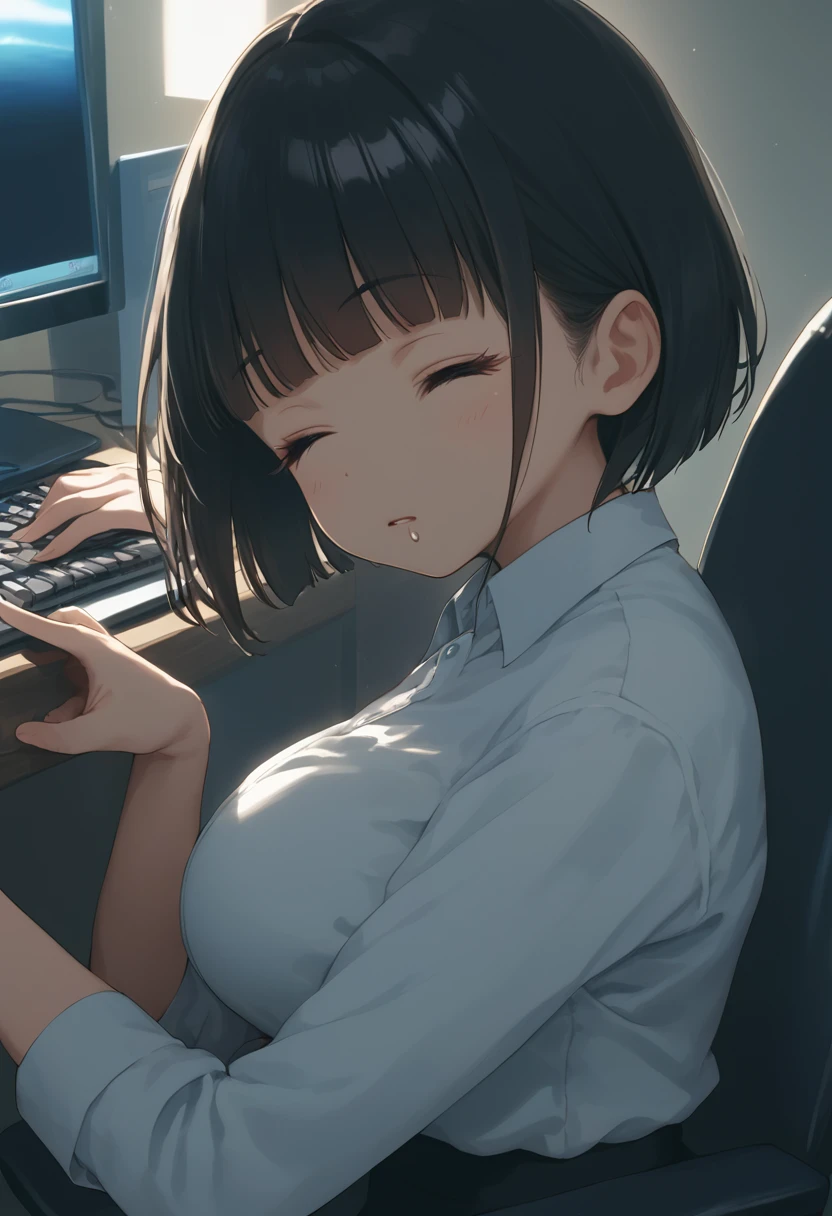 score_9,score_8_up,score_7_up,masterpiece,best quality, source anime, official art, super detailed, extreme detailed, rating_safe,
1girl, sitting on chair, (tilt head:1.4), typing on the keyboard, sleeping, Falling asleep while working overtime,
BREAK girl, 22yo, short hair, bob cut, (blunt bangs), black hair, (tareme, detailed cute brown eyes), curled eyelashes, (large breasts:0.9),
shiny hair, beautiful detailed eyes, beautiful face,
white collared shirt, black tight mini skirt,
(closed eyes:1.2), parted lips, drooling,
office, night, dark room, dark background, dim light, computer, screen,