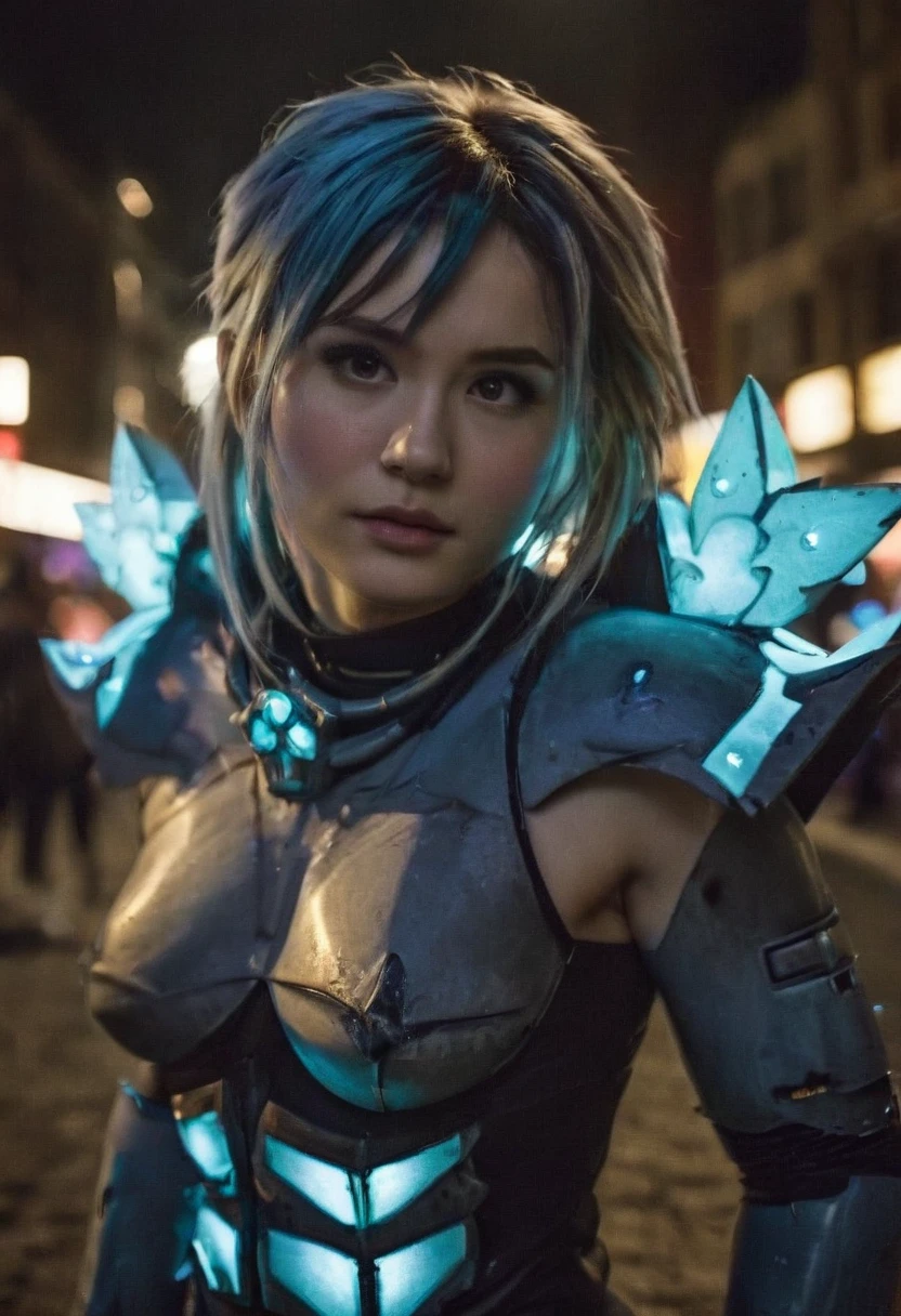 (realistic analog style sharp focus 8k raw photo with soft lighting and high quality:1.1), (hdr film grain:1.2),movie poster, a cute woman wearing a shiny (textured:1.2) (intricate:1.2) cyborgcosplay in a dark street at night, (cinematic hairstyle:1.2)