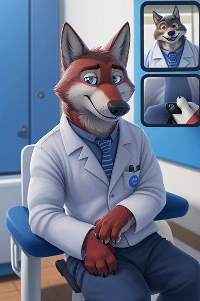 Joachim Wolfbach (Zootopia),tall handsome, wolf,young, 24 years, brown fur,(red body:1.3),Blue eyes, Moscow Dressed, red headdress,in a white medical gown,shirt pants,shoes,tie,black pantsblue, stethoscope, pediatrician,canine, wolf, detailed fur, Male, antro, paw pads, finger claws,Prays, at viewer, 5 fingers, paws, 5 fingers, smile, happy, resting, wrist watch,stethoscope,looks at the monitors, т nextel, sitting at home in the medical intensive care unit,by xenoforge, (difficult, high detail, digital, photo, soft focus, RAW, pilot by training,ulba,tender, very kind, sincere, advises, patient, детский pediatrician, 
photorealism, realistic, photorealistic, analog style, subsurface scattering, 
masterpiece, Best quality, ultra realistic, 8 K)