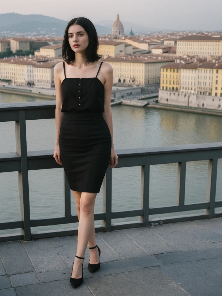 her name is Amelie, high quality, 1girl, ((25-year-old fit Caucasian woman)), ((25 years old)), ((SLIM)), ((Micro Bob dark hair)), pose: standing, wearing Popular Generation-Z modern wear elegant colored, BACKGROUND:"From Piazzale Michelangelo, with an unobstructed view of the Duomo and the historic city center."