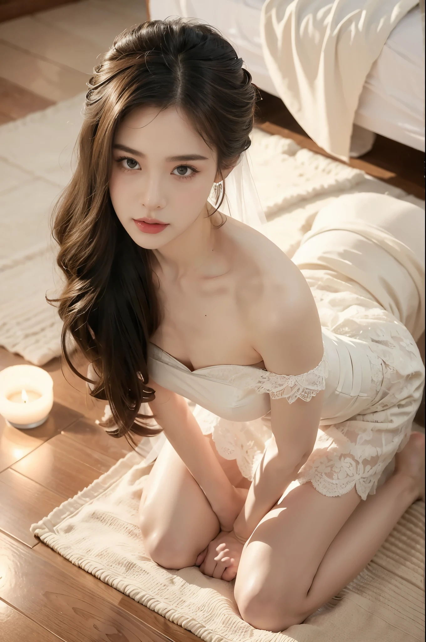 (((best quality))),(((ultra detailed))),(((masterpiece))),illustration,(1 beautiful girl,bride,solo),((slim,thin)),((small breasts,flat chest)),(shoulder length straight hair:1.2),(strapless see through white lace wedding dress:1.3),dim pink lighting,massage parlor,patiently waiting,tool box,soft ambient lighting,refreshing contrast,sultry summer night,air conditioning,atmosphere of relaxation,serenity,delicate features,curves,elegance,sophistication,toolbox contents,assortment of implements,oils,lotions,massage tools,background music,soothing ambiance,comfortable massage bed,fresh clean sheets,calming artwork,warm friendly demeanor,sense of calm,compassion,eager anticipation,healing rejuvenating experience,((kneeling on the floor)),((from front,upper body)),(night scene:1.3)