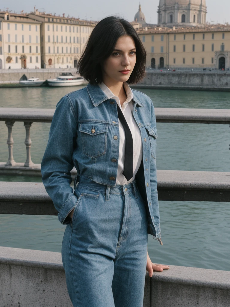 her name is Amelie, high quality, 1girl, ((25-year-old fit Caucasian woman)), ((25 years old)), ((SLIM)), ((Micro Bob dark hair)), pose: standing, wearing Popular Generation-Z modern wear elegant colored, BACKGROUND:"From Piazzale Michelangelo, with an unobstructed view of the Duomo and the historic city center."