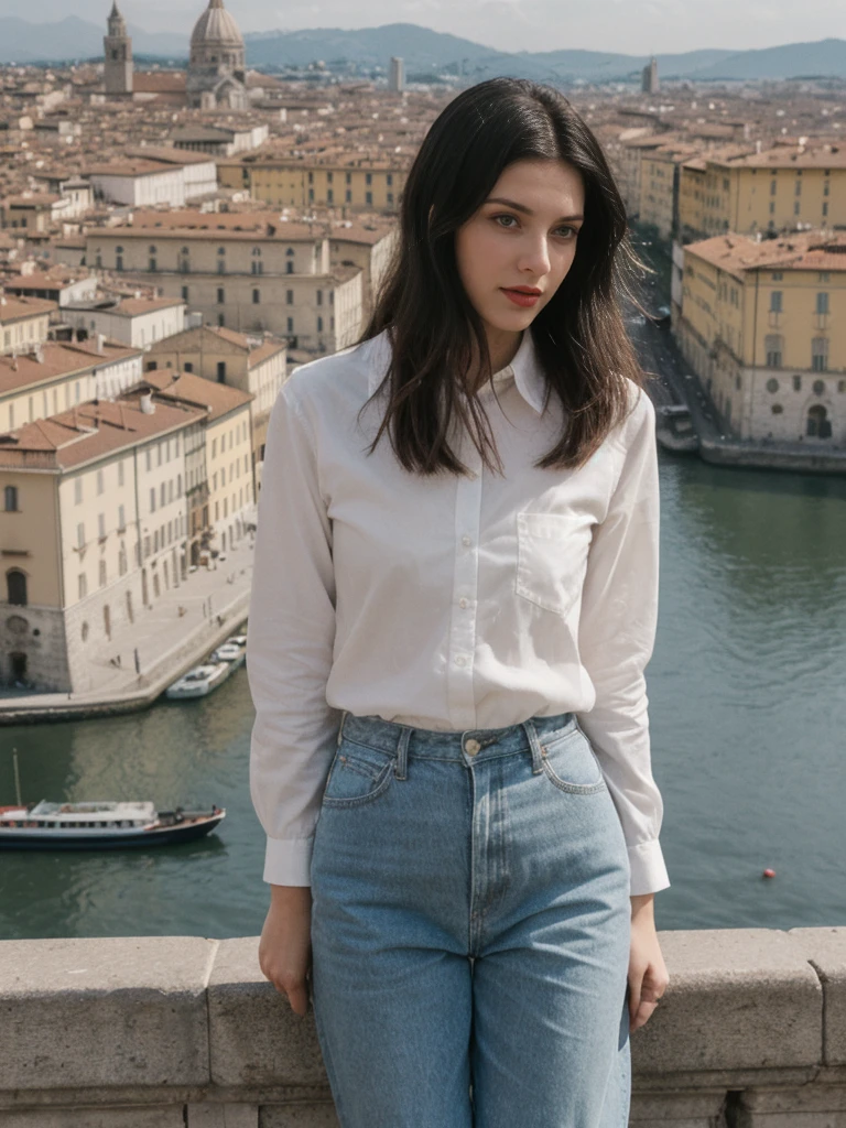 her name is Amelie, high quality, 1girl, ((25-year-old fit Caucasian woman)), ((25 years old)), ((SLIM)), ((Micro Bob dark hair)), pose: standing, wearing Popular Generation-Z modern wear elegant colored, BACKGROUND:"From Piazzale Michelangelo, with an unobstructed view of the Duomo and the historic city center."