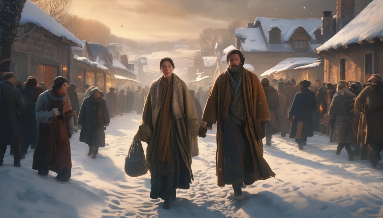 a biblical scene, a pregnant woman and a man walking through crowded inns, being turned away, difficult journey, winter landscape, cold, snow, detailed faces, expressive emotions, cinematic lighting, dramatic shadows, intricate clothing folds, muted color palette, realistic 3D rendering, masterpiece, photorealistic, high resolution