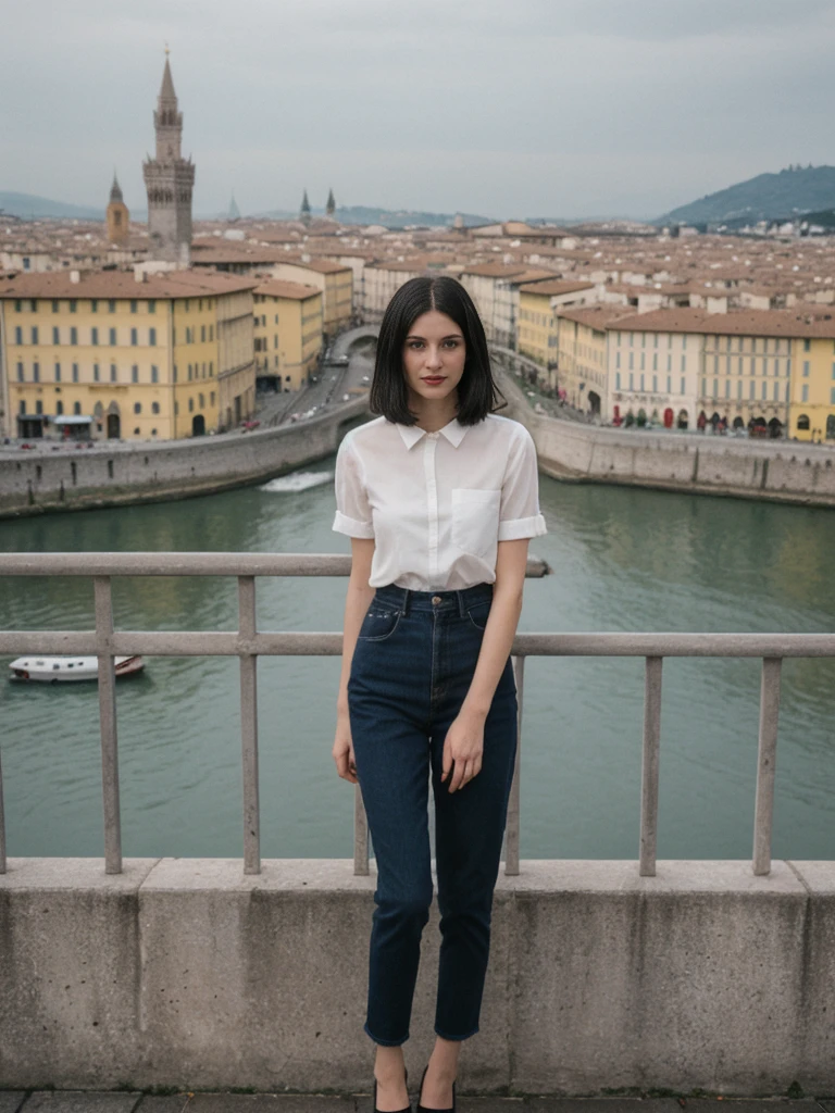 her name is Amelie, high quality, 1girl, ((25-year-old fit Caucasian woman)), ((25 years old)), ((SLIM)), ((Micro Bob dark hair)), pose: standing, wearing Popular Generation-Z modern wear elegant colored, BACKGROUND:"From Piazzale Michelangelo, with an unobstructed view of the Duomo and the historic city center."