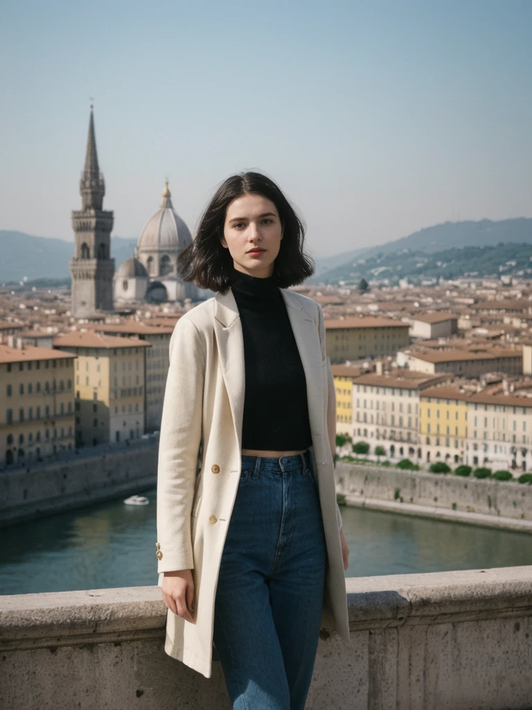 her name is Amelie, high quality, 1girl, ((25-year-old fit Caucasian woman)), ((25 years old)), ((SLIM)), ((Micro Bob dark hair)), pose: standing, wearing Popular Generation-Z modern wear elegant colored, BACKGROUND:"From Piazzale Michelangelo, with an unobstructed view of the Duomo and the historic city center."
