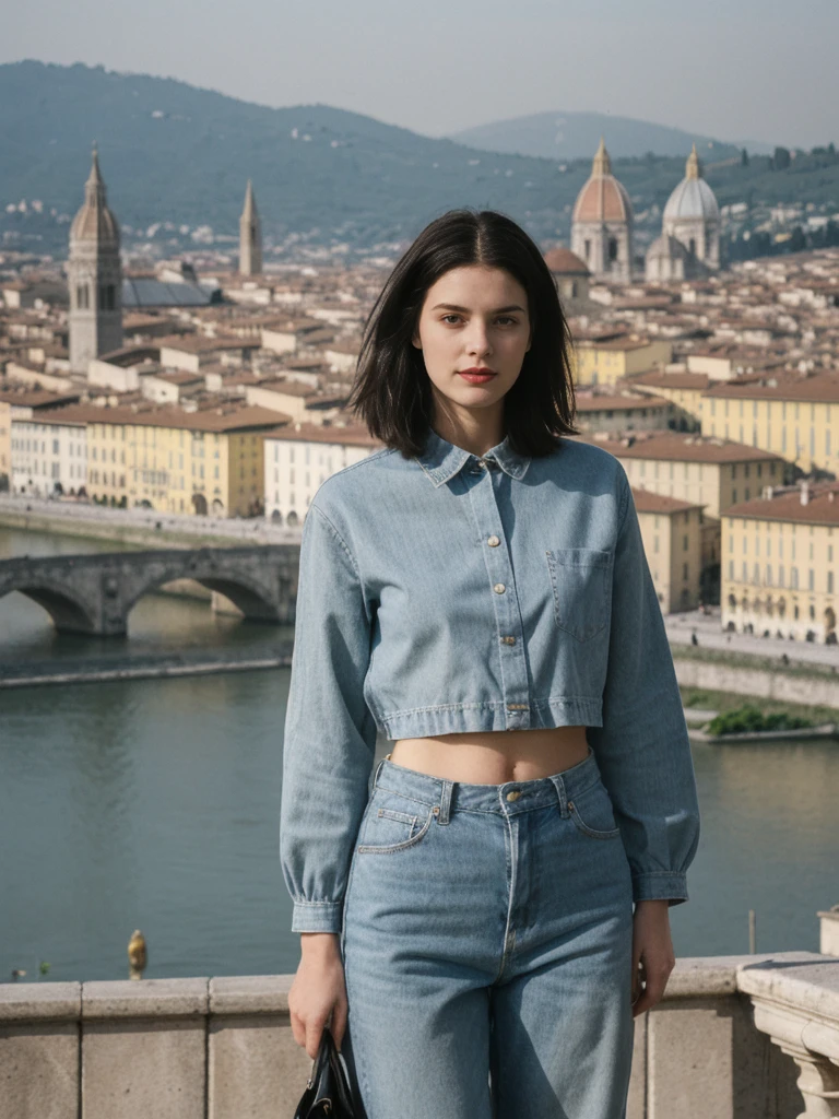 her name is Amelie, high quality, 1girl, ((25-year-old fit Caucasian woman)), ((25 years old)), ((SLIM)), ((Micro Bob dark hair)), pose: standing, wearing Popular Generation-Z modern wear elegant colored, BACKGROUND:"From Piazzale Michelangelo, with an unobstructed view of the Duomo and the historic city center."