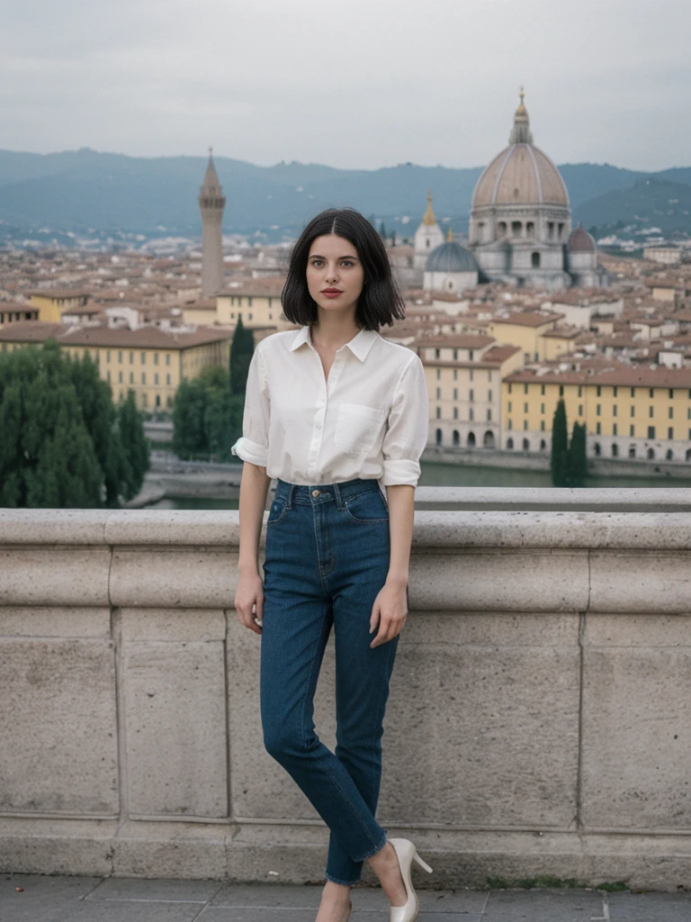 her name is Amelie, high quality, 1girl, ((25-year-old fit Caucasian woman)), ((25 years old)), ((SLIM)), ((Micro Bob dark hair)), pose: standing, wearing Popular Generation-Z modern wear elegant colored, BACKGROUND:"From Piazzale Michelangelo, with an unobstructed view of the Duomo and the historic city center."