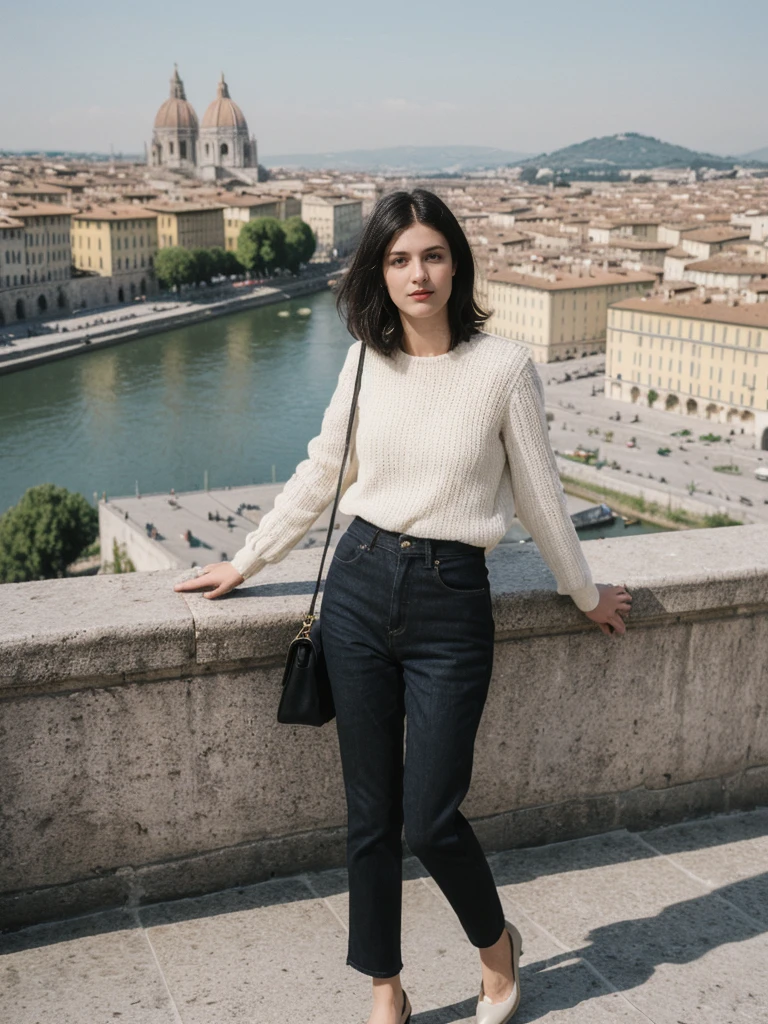 her name is Amelie, high quality, 1girl, ((25-year-old fit Caucasian woman)), ((25 years old)), ((SLIM)), ((Micro Bob dark hair)), pose: standing, wearing Popular Generation-Z modern wear elegant colored, BACKGROUND:"From Piazzale Michelangelo, with an unobstructed view of the Duomo and the historic city center."