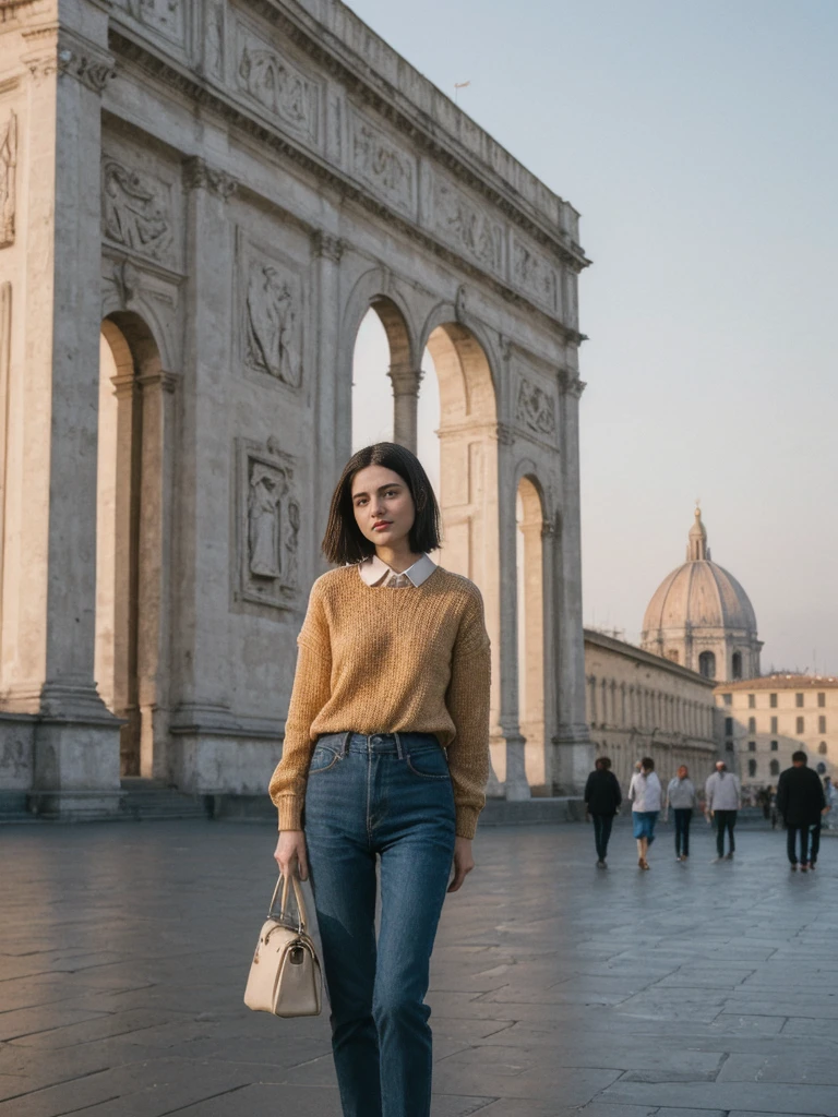 her name is Amelie, high quality, 1girl, ((25-year-old fit Caucasian woman)), ((25 years old)), ((SLIM)), ((Micro Bob dark hair)), pose: standing, wearing Popular Generation-Z modern wear elegant colored, BACKGROUND:"From Piazzale Michelangelo, with an unobstructed view of the Duomo and the historic city center."